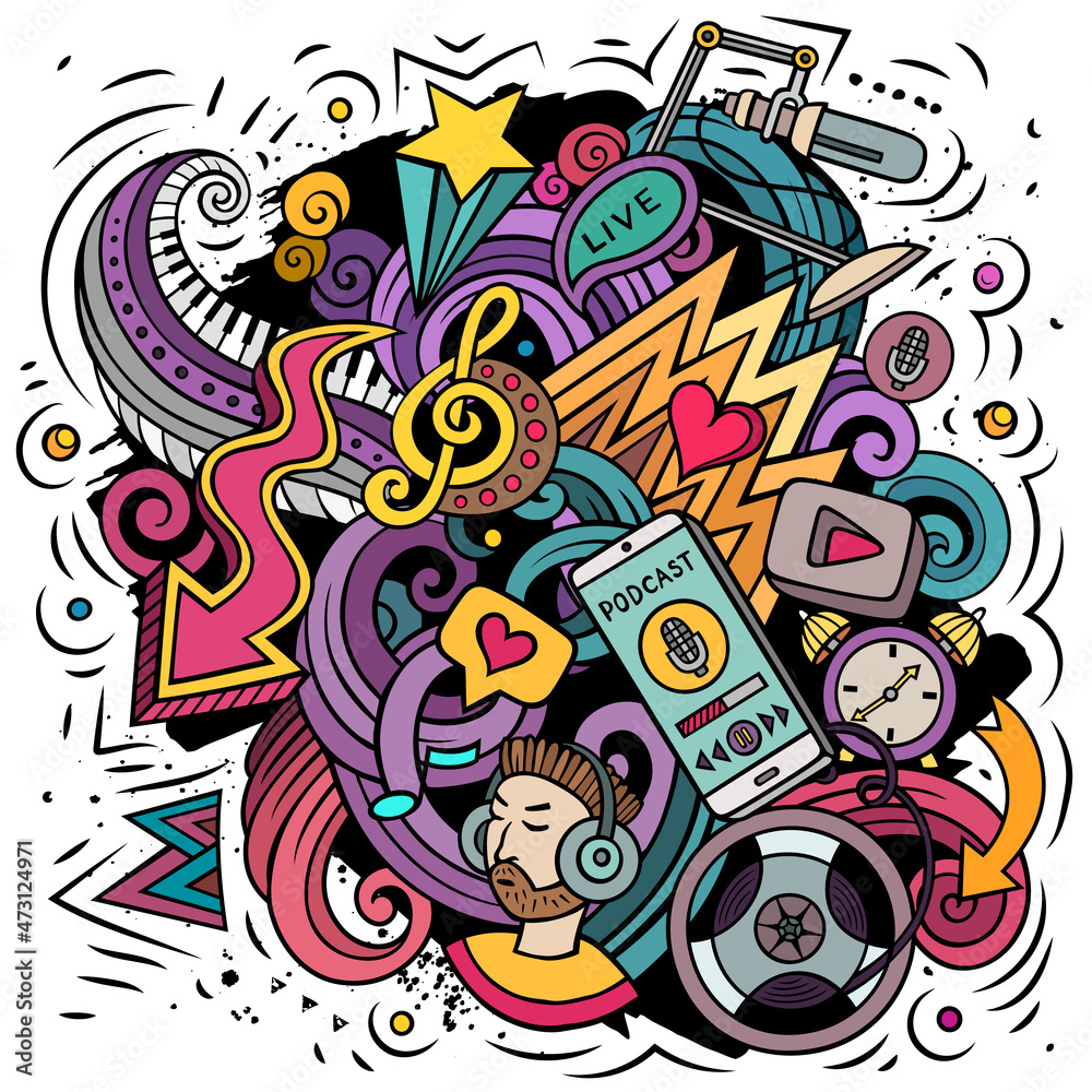 Fototapeta premium Audio content cartoon doodles illustration. Funny design.