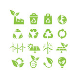 Green energy, eco friendly power vector icon set. Solar panel, wind turbine, recycled renewable symbols.