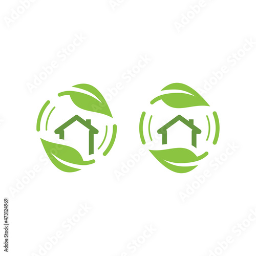 Green house with leaves vector logo icon. Eco friendly energy efficient home symbol.