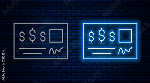 Glowing neon line Blank template of the bank check and pen icon isolated on brick wall background. Checkbook cheque page with empty fields to fill. Vector
