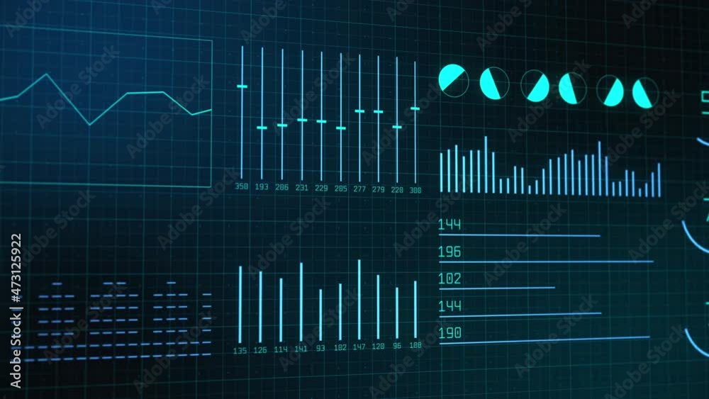 Graphs and charts with different types of indicators. Futuristic digital analytics and business scientific data diagrams. 4K motion graphics animation.