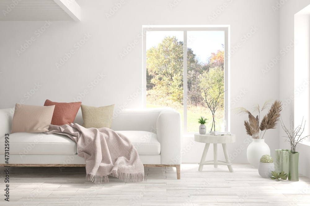 Stylish room in white color with sofa and autumn landscape in window. Scandinavian interior design. 3D illustration Stylish room in white color with sofa and autumn landscape in window. Scandinavian interior design. 3D illustration