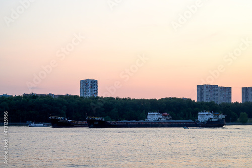 Motor ships "Nefterudovoz-33M" and "Arkady Minchenya" at Khimki reservoir, Moscow, Russian Federation, July 10, 2021
