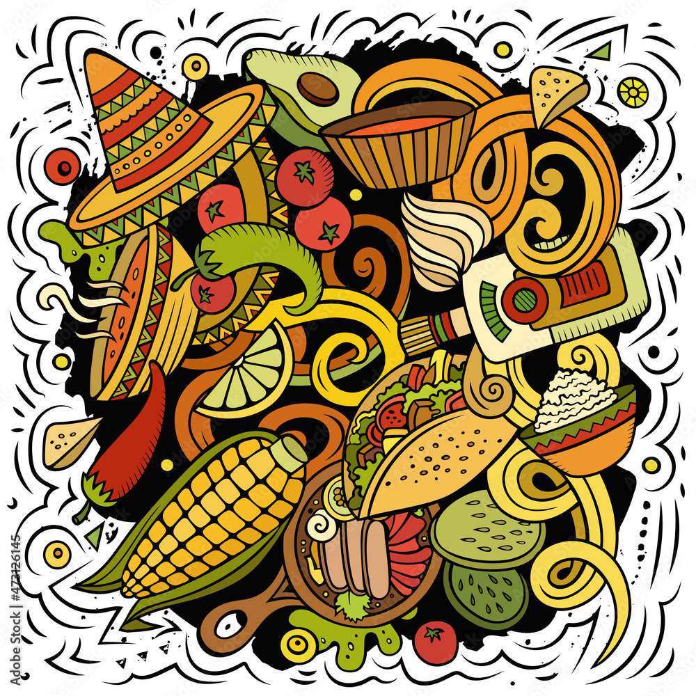 Mexican food hand drawn vector doodles illustration. Cuisine poster design.