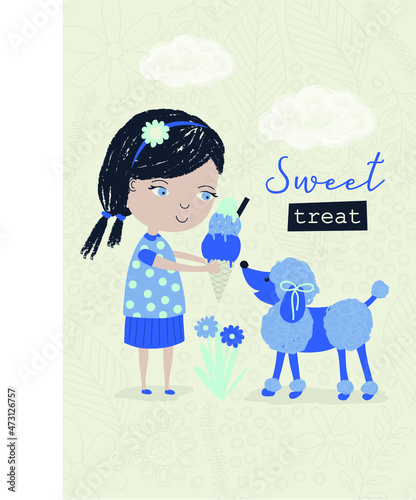Vector illustration of little girl giving ice cream to poodle
