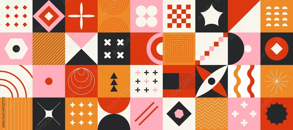 Brutalism . Abstract contemporary pattern design with minimalistic primitive geometric forms. Vector basic form set