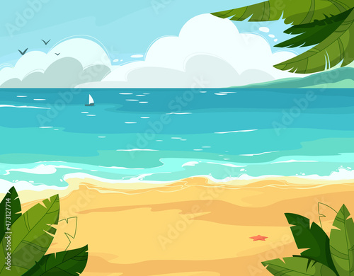 Summer seascape with azure waves, sand, tropical greenery, mountains. Vector colorful illustration in cartoon style. Sea view from the beach.