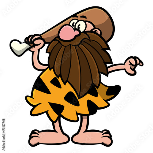 Cartoon illustration of caveman wearing leather clothes and carrying a meat, best for mascot, sticker, and logo with stone age living themes