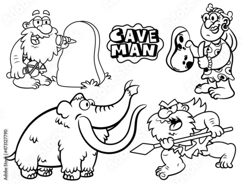 Black and white cartoon illustration of stone age living, caveman hunting a mammoth with spear, cavewoman cut the meat with knife of stone, old caveman writing in epigraph, best for coloring book