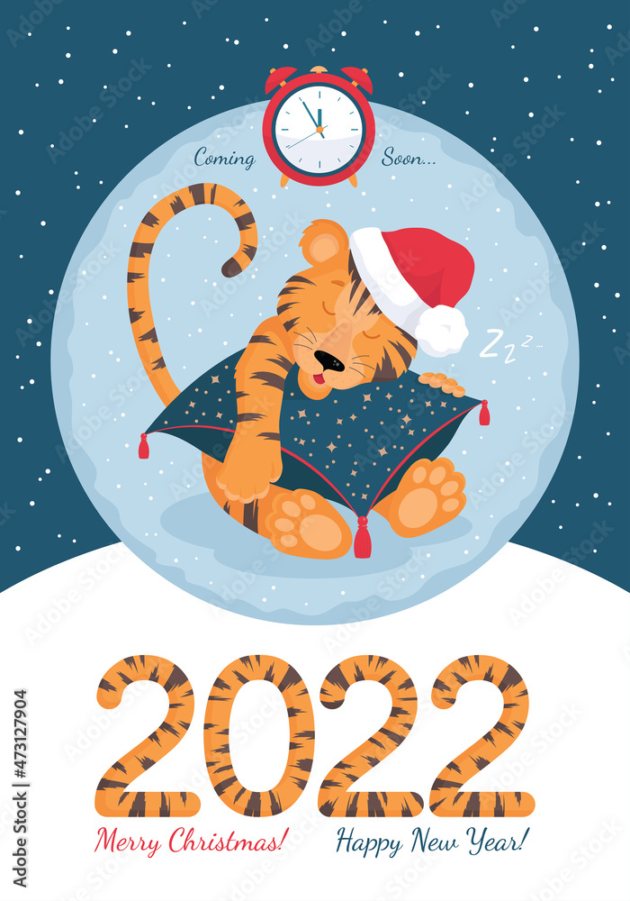 Merry Christmas and Happy New Year Postcard. Cute tiger sleeping on a pillow. Cartoon. Vector illustration.