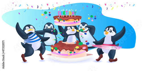 cute penguins celebrating birthday party antarctic birds having fun full length horizontal