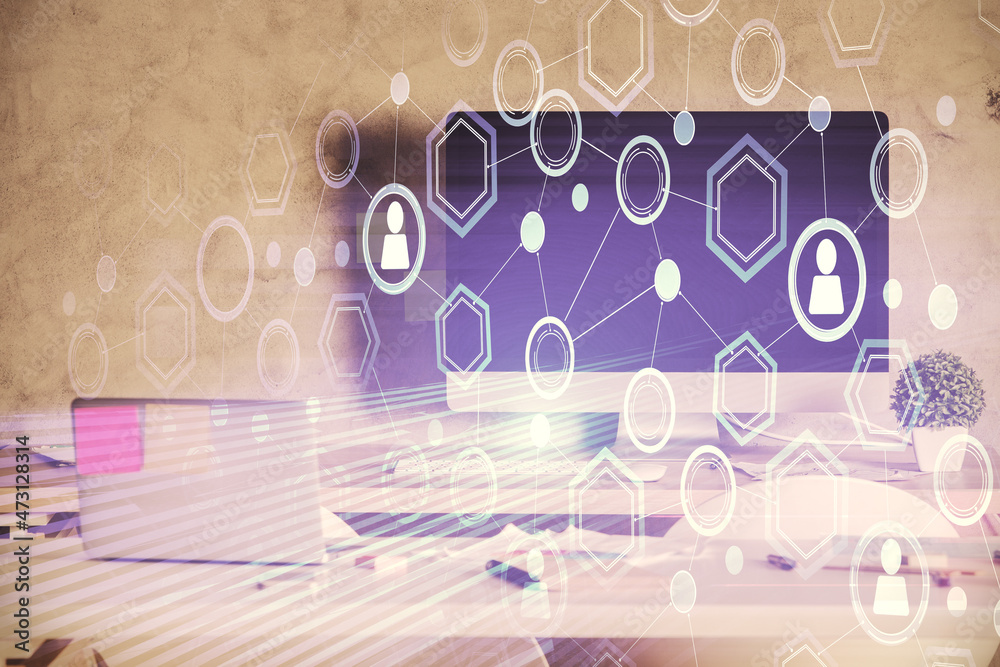Double exposure of social network theme drawing and office interior background. Concept of web. Double exposure of social network theme drawing and office interior background. Concept of web.