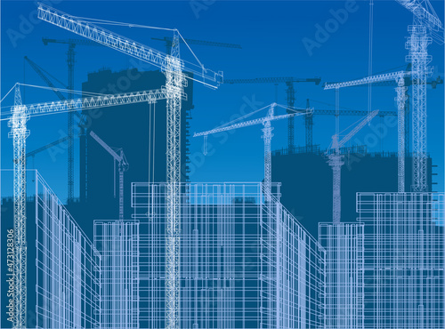 blue illustration with house buildings and light cranes