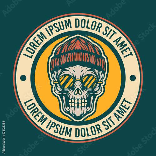 retro college emblem of skull wearing beanie hat, this cool image is suitable for rapper music club logos or for extreme sport logo like skateboard, bmx, etc, can be used t-shirt or merchandise design