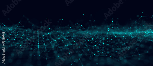 Abstract wave with moving dots and lines. Flow of particles. Cyber technology illustration. 3d rendering