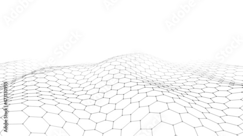 Abstract hexagon white wave with moving dots and lines. Flow of particles. Cyber technology illustration. Vector illustration.