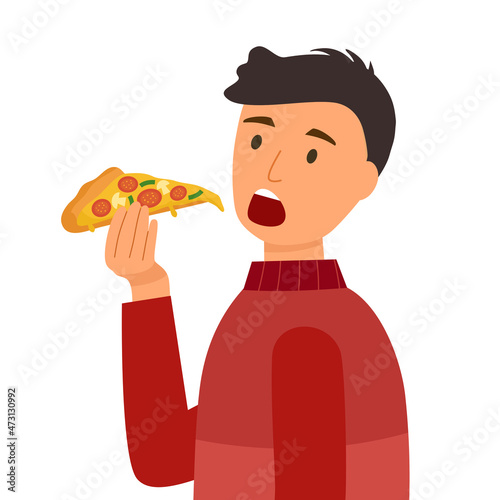 Man eating pizza in flat design on white background. Hungry guy eating fast food for lunch.