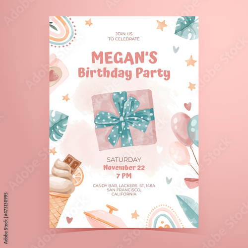 Vector watercolor childish birthday party poster for girls with present