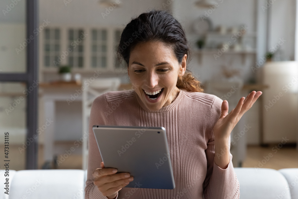 Close up overjoyed woman using modern tablet, looking at screen, excited attractive young female reading good news in message, online lottery win, great shopping offer, sitting on couch at home Close up overjoyed woman using modern tablet, looking at screen, excited attractive young female reading good news in message, online lottery win, great shopping offer, sitting on couch at home