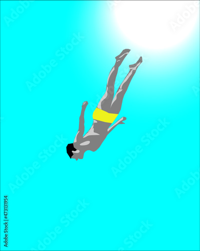 Man freediving to the bottom in turquoise waters without oxygen. Man in yellow swimming trunks diving.