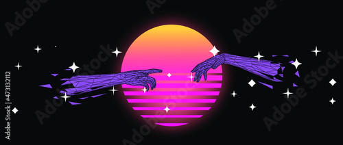 Vector 3D model of hands going to touch together, reminiscent of Michelangelo's artwork. Cyberpunk and vaporwave style art collage.