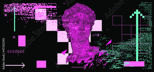 Retrofuturistic style 3D illustration of a low poly bust on dark background. Vaporwave aesthetics.