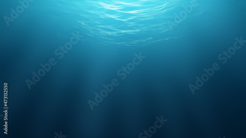 Representation of an underwater environment where light rays filter from the surface. 3D Illustration