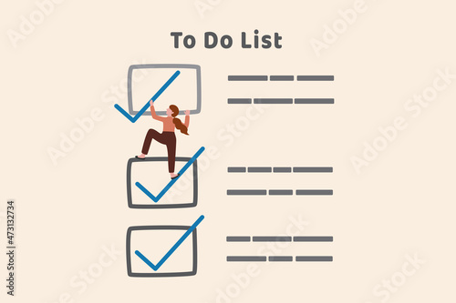 Complete to do list, accomplish project plan or finish tasks in schedule help achieve business goal and objective done, businesswoman climb up todo list to tick finished working project task checkbox.