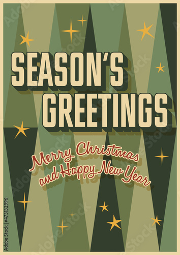 Season's Greetings Mid Century Modern Christmas Postcards style Illustration, Vintage Colors, Typography and Abstract Shapes