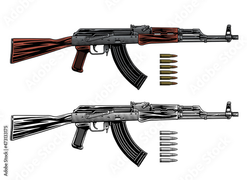Kalashnikov assault rifle or machine gun and cartridges, isolated on white background. Color and monochrome black and white vector illustration. photo
