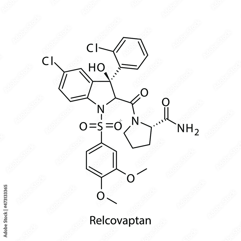 Relcovaptan molecular structure, flat skeletal chemical formula. Vasopressin antagonist drug used to treat Hyponatremia, SIADH. Vector illustration. Relcovaptan molecular structure, flat skeletal chemical formula. Vasopressin antagonist drug used to treat Hyponatremia, SIADH. Vector illustration.