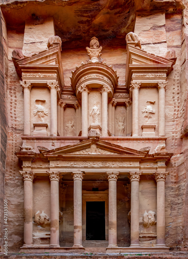 View on the Treasury or Al Khazneh in the ancient city of Petra in Wadi Musa, Jordan.