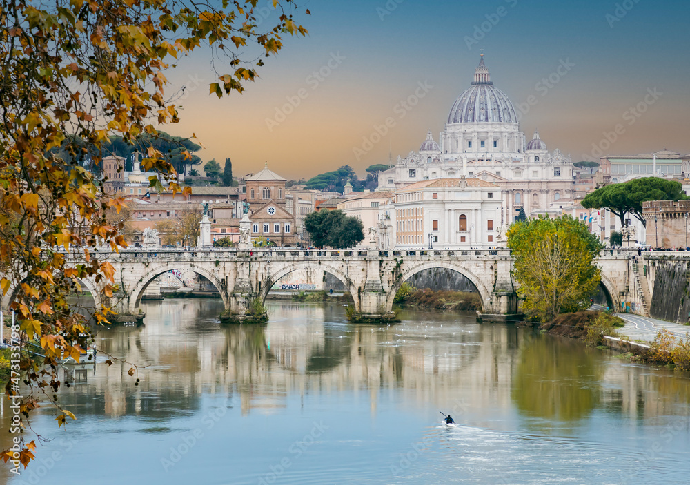 Tiber tevere river with St. Peter's cathedral rome, Italy