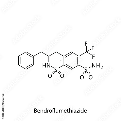 Bendroflumethiazide molecular structure, flat skeletal chemical formula. Thiazide diuretic drug used to treat Hypertension, edema. Vector illustration.
