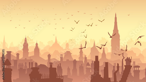 Horizontal vector illustration with the old historical part of the old city at sunset with flocks of birds.