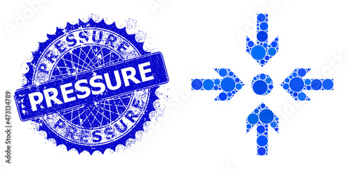 Meeting point vector mosaic of small circles in variable sizes and blue color tones, and rubber Pressure stamp seal. Blue round sharp rosette stamp seal includes Pressure tag inside.