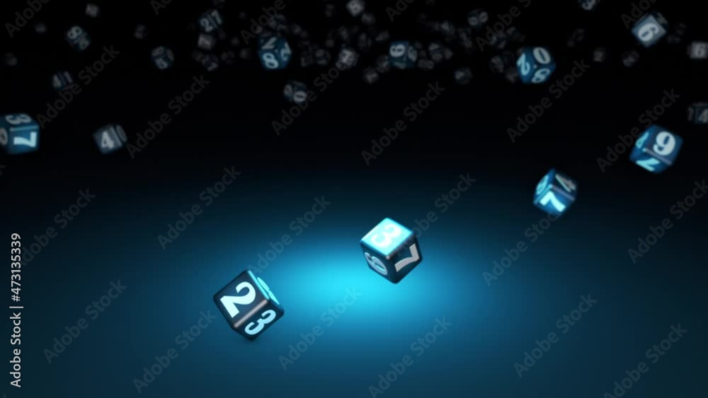 Numerology (falling cubes with numbers create a magic wall). Depth of field. Artistic dark blue background. 3D animation. Quick Time, h264,16-bit color, highest quality. Smooth gradation of color. Numerology (falling cubes with numbers create a magic wall). Depth of field. Artistic dark blue background. 3D animation. Quick Time, h264,16-bit color, highest quality. Smooth gradation of color.