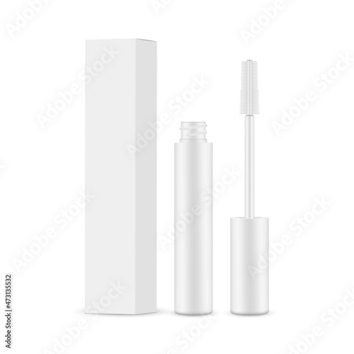 Opened Mascara Brush Mockup with Paper Box Side View, Isolated on White Background. Vector Illustration
