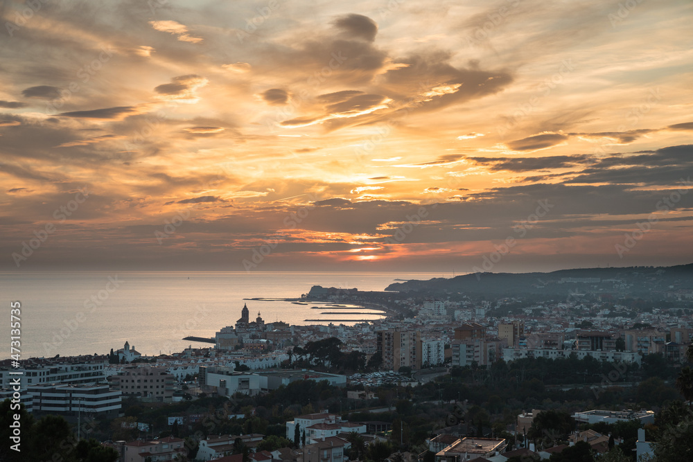 Panoramic sunset view of Sitges, Spain