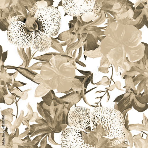 Gray Flower Garden. White Summer Wallpaper. Brown Seamless Wallpaper. Watercolor Wallpaper. Pattern Illustration. Floral Textile. Exotic Leaves. Botanical Wallpaper.