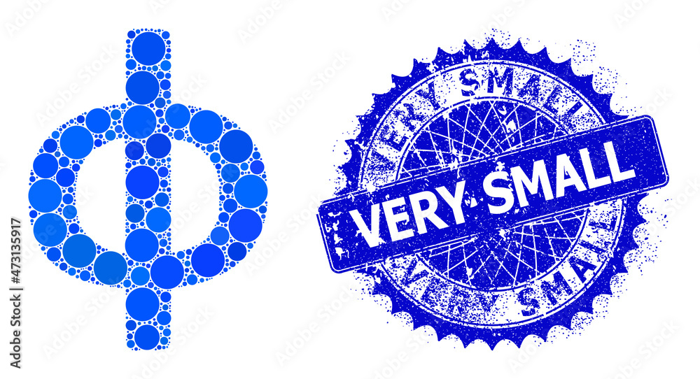 Phi Greek lowercase symbol vector mosaic of circle dots in different sizes and blue color shades, and distress Very Small stamp seal. Phi Greek lowercase symbol vector mosaic of circle dots in different sizes and blue color shades, and distress Very Small stamp seal.
