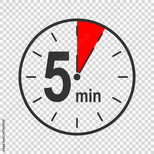 Clock icon with 5 minute time interval. Countdown timer or stopwatch symbol. Infographic element for cooking or sport game isolated on transparent background. Vector flat illustration.