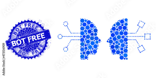 Human network interface vector composition of round dots in different sizes and blue color tints, and rubber Bot Free badge. Blue round sharp rosette seal includes Bot Free caption inside it.