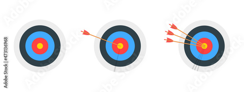 Archery target rings with and without arrows hitting bullseye. Round dartboards isolated on white background. Goal achieving concept. Business success strategy symbols. Vector cartoon illustration. photo