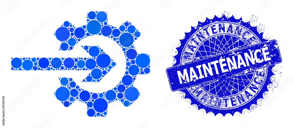 Integration gear vector mosaic of round dots in different sizes and blue color tints, and scratched Maintenance stamp seal. Blue round sharp rosette stamp includes Maintenance title inside. Integration gear vector mosaic of round dots in different sizes and blue color tints, and scratched Maintenance stamp seal. Blue round sharp rosette stamp includes Maintenance title inside.
