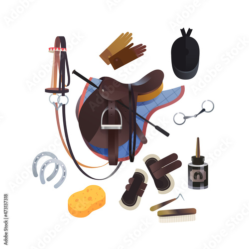 Equestrian scene, English horse back riding style, horse grooming tools and riding harness, saddle and bridle