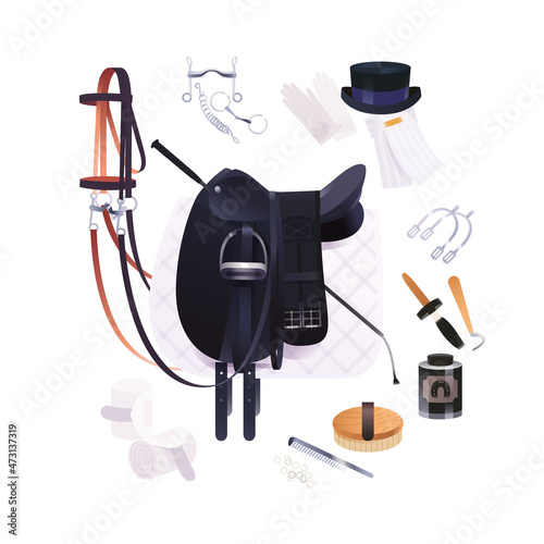 Equestrian scene, dressage riding set, vector illustration of horse grooming tools and riding accessories