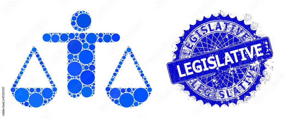 Judge vector composition of small circles in variable sizes and blue color hues, and grunge Legislative seal. Blue round sharp rosette stamp seal contains Legislative title inside it. Judge vector composition of small circles in variable sizes and blue color hues, and grunge Legislative seal. Blue round sharp rosette stamp seal contains Legislative title inside it.