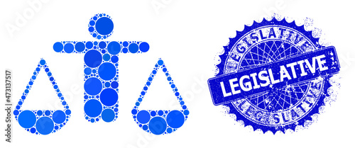 Judge vector composition of small circles in variable sizes and blue color hues, and grunge Legislative seal. Blue round sharp rosette stamp seal contains Legislative title inside it.