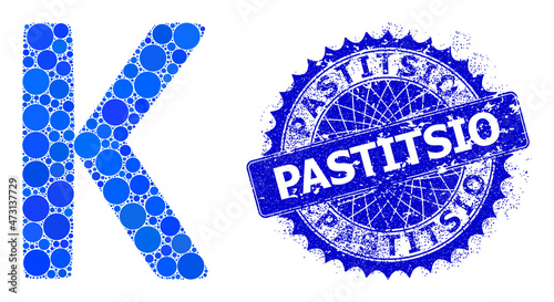Kappa Greek symbol vector collage of small circles in various sizes and blue color tints, and distress Pastitsio stamp. Blue round sharp rosette stamp has Pastitsio text inside.